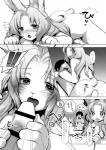 anthro blush bodily_fluids censored comic cum duo erection female female_on_top fur genital_fluids genitals greyscale hair hi_res human human_on_anthro interspecies japanese_text kemono kiichi lagomorph leporid licking long_ears long_hair male male/female male_on_bottom mammal momo_(kiichi) monochrome nude on_bottom on_top open_mouth oral partially_translated penile penis penis_between_hands penis_lick rabbit sex straddling text tongue tongue_out translation_request whiskers
