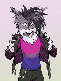 ambiguous_gender anthro bisexual_pride_colors clothed clothing jacket lgbt_pride pride_color_clothing pride_color_shirt pride_color_topwear pride_colors purple_eyes shirt simple_background solo topwear denucard denu domestic_cat felid feline felis maine_coon mammal vampire wildcat digital_media_(artwork)