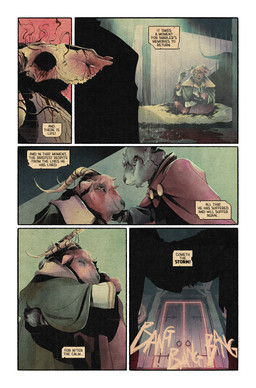 2_horns 3_fingers 5_panel_comic ambiguous_feral ambiguous_gender anthro black_hands blood blood_puddle bodily_fluids bone bottomwear brown_bottomwear brown_cloak brown_clothing brown_hair brown_pants cloak closed_frown clothed clothed_anthro clothed_male clothing comforting comforting_another door exclamation_point eye_contact feral fingers frown frowning_at_each_other fully_clothed fully_clothed_anthro fully_clothed_male fur green_cloak green_clothing grey_body grey_fur grey_hair group hair hooved_fingers hooves horizontal_pupils horn hug hugging_another light long_horn looking_at_another male mouth_closed onomatopoeia pants puddle pupils raining resurrection shirt silhouetted_body sitting skull skull_head sound_effects tan_horn text text_box topwear trio white_clothing white_shirt white_topwear yellow_eyes gary_moloney theamazingmrc european_mythology fractured_realms mythology norse_mythology tanngnjostr_(fractured_realms) tanngrisnir_(fractured_realms) bovid bovine caprine cattle goat mammal undead 2024 absurd_res adobe_photoshop_(artwork) artist_collaboration colored comic digital_drawing_(artwork) digital_media_(artwork) english_description english_text hi_res lighting shaded