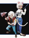 axe blood bodily_fluids duo female gun hair handgun male male/female ranged_weapon weapon white_hair yuve2625 domestic_cat felid feline felis human mammal hi_res