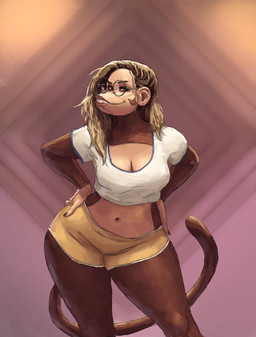 abstract_background anthro big_breasts black_nails blonde_hair bottomwear breasts brown_body brown_fur cleavage clothed clothing colored_nails crop_top curvy_figure dolphin_shorts eyelashes eyewear female fur glasses green_eyes hair hands_on_hips lips looking_away midriff nails navel round_glasses shirt shorts smile solo standing tail thick_lips thick_thighs topwear voluptuous voluptuous_anthro voluptuous_female wide_hips redustheriotact maddie_kong_(madzisstacked) haplorhine mammal monkey primate 2024 hi_res