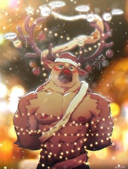 abs anthro antlers bdsm biceps blush bodily_fluids bondage bound brown_body brown_fur candy candy_cane christmas_clothing christmas_decorations christmas_headwear christmas_lights clothing cosmic_background dessert fangs food fur green_eyes hands_behind_back hat headgear headwear holidays horn looking_up male muscular muscular_anthro muscular_male muscular_sub nipples pecs red_nose ribbons santa_hat solo speech_bubble starry_background string_light_bondage string_lights submissive sweat sweatdrop teeth text tongue dona908 christmas deer mammal 2018 absurd_res english_text hi_res