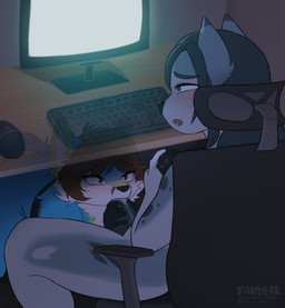 animal_genitalia animal_penis anthro arm_tuft black_body black_ears black_eyebrows black_fur black_hair black_nose black_penis blue_body blue_ears blue_fur blue_tail blush blush_lines breath breathing brown_eyebrows brown_eyes brown_hair butt canine_genitalia canine_penis cheek_tuft computer_keyboard computer_monitor computer_mouse controller desk distracted distracted_gaming distracted_sex duo ear_tuft erection eyebrow_through_hair eyebrows facial_tuft fellatio fingers fur furniture game_controller gaming_chair gaming_while_penetrating genitals green_body green_ears green_eyes green_fur grey_body grey_ears grey_fur hair hand_on_penis holding_controller holding_game_controller holding_object holding_penis indoor_nudity indoor_sex inside knot looking_at_monitor looking_pleasured male male/male male_anthro markings multicolored_body multicolored_ears multicolored_fur neck_tuft nude nude_anthro nude_male open_mouth oral oral_penetration panting penetration penile penis penis_in_mouth pupils sex shoulder_tuft sitting spots spotted_body spotted_fur table tail teeth text translucent translucent_hair translucent_table tuft white_body white_fur white_inner_ear pandear hugo_(anotherbluefox) scr3amjack canid canine canis fox mammal wolf 2025 2d_animation animated artist_name digital_media_(artwork) hi_res watermark