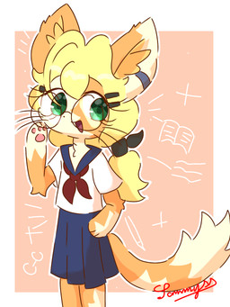 accessory adolescent anthro asian_clothing blonde_hair blue_bottomwear blue_clothing blue_skirt bottomwear clothed clothing east_asian_clothing eyelashes eyewear fully_clothed fur glasses green_eyes hair hair_accessory hair_tie hairclip japanese_clothing japanese_school_uniform looking_at_viewer markings multicolored_body multicolored_fur open_mouth orange_background orange_body orange_ears orange_fur orange_inner_ear orange_tail outline school_uniform serafuku simple_background skirt standing tail tan_body tan_ears tan_fur tan_tail topwear two_tone_body two_tone_fur uniform white_clothing white_outline white_topwear young conditional_dnp xammyxx lenny_(xammyxx) domestic_cat felid feline felis mammal 2025 3:4 digital_media_(artwork) hi_res ibispaint_(artwork) signature watermark