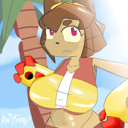 anthro awkward_pose beach big_breasts bikini bikini_top breasts bright cat_ear_shaped_hair clothing eyewear eyewear_on_head female female_anthro glistening glistening_body goggles goggles_on_head hand_on_hip palm_tree plant slightly_chubby solo standing sunny swimwear tight_clothing tree two-piece_swimsuit awtysm_central gameoverse glitch_productions kit_bodega domestic_cat felid feline felis mammal 1:1 hi_res