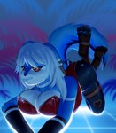 anthro big_breasts blep blue_body blue_fur breasts bunny_costume clothed clothing costume female fur hair latex legwear looking_at_viewer paws raised_tail simple_background solo stockings tail tongue tongue_out orca24a pheeni lagomorph leporid mammal rabbit hi_res