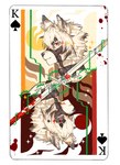 anthro card fur hair looking_at_viewer male playing_card playing_card_template red_eyes solo suit_symbol white_body white_fur haru41113 mihoyo zenless_zone_zero von_lycaon canid canine canis mammal wolf hi_res