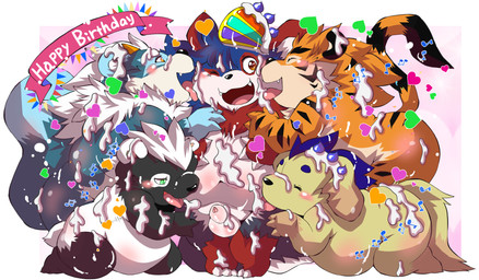 ambiguous_gender animal_genitalia anthro balls belly big_belly big_butt big_tail birthday birthday_cake black_body black_fur black_nose black_tail black_tail_tip blue_body blue_fur blue_hair blue_markings blue_tail blue_tail_tip blush butt cake cake_on_head cheek_tuft chibi curvy_figure cute_fangs dessert dipstick_ears dipstick_tail ear_markings eyes_closed facial_markings facial_tuft fangs flaccid floppy_ears food food_fetish food_on_belly food_on_body food_on_butt food_on_head food_play fur genitals glans glistening glistening_balls glistening_belly glistening_body glistening_eyes glistening_genitalia glistening_glans glistening_penis glistening_tongue gloves_(marking) green_eyes group hair happy happy_birthday head_markings heart_symbol humanoid_genitalia humanoid_penis hybrid_genitalia hybrid_penis kneeling leg_markings licking licking_another light long_tail lying male markings multicolored_body multicolored_ears multicolored_fur musical_note musical_symbol narrowed_eyes navel neck_tuft nude on_another on_front one_eye_closed open_mouth open_smile orange_body orange_eyes orange_fur orange_hair orange_tail overweight overweight_anthro overweight_male penis pink_glans pink_tongue pupils red_body red_ear_tips red_fur red_markings sheath sheathed_humanoid_penis short_tail simple_background slightly_chubby slightly_chubby_anthro slightly_chubby_male slit_pupils smile snout socks_(marking) striped_body striped_fur striped_markings striped_tail stripes symbol tail tail_markings tan_body tan_fur teeth text thick_thighs tongue tuft two_tone_body two_tone_fur white_background white_body white_fur white_hair white_sclera white_tail yellow_eyes chibineco rados_vein_(judenight) canid canine canis domestic_dog felid feline felis mammal mephitid pantherine skunk tiger unknown_species 2025 absurd_res colored digital_drawing_(artwork) digital_media_(artwork) english_text flat_colors hi_res lighting shaded widescreen