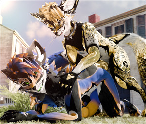 accessory anal anal_penetration anthro bareback black_border border collar doggystyle duo from_behind_position fur fur_markings genitals knot knotted_penis leg_tattoo male male/male markings multicolored_body multicolored_fur outside_sex penetration penis sex tattoo yellow_body yellow_fur lill_esp ddtghost rexouium 3d_(artwork) absurd_res blender_(artwork) digital_media_(artwork) hi_res