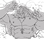 abs anthro body_size_growth dog_operator felid hair lifewonders lion live_a_hero macro male mammal monochrome muscular muscular_anthro muscular_male pantherine pecs ponytail protagonist_(live_a_hero) size_transformation solo soonico surprise toshu transformation
