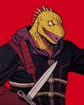 anthro clothed clothing holding_knife holding_object knife male open_mouth red_background scales sharp_teeth simple_background solo teeth tongue topwear zipper arasdel dorohedoro kaiman_(dorohedoro) lizard reptile scalie 4:5 hi_res