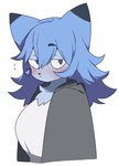 anthro big_breasts black_clothing black_coat black_topwear blue_body blue_eyes blue_fur blue_hair blush breasts clothed clothing coat dipstick_ears ear_markings female fluffy fluffy_hair fur hair kemono looking_at_viewer multicolored_ears narrowed_eyes neck_tuft shirt simple_background solo topwear tuft white_background white_clothing white_shirt white_topwear mizo_ne mizo-ane canid canine canis mammal wolf 2022