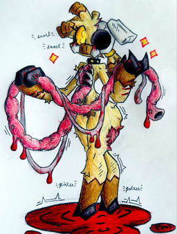 anthro blood blood_drip blood_on_ground bodily_fluids bone brown_body brown_fur collar dripping exposed_bone exposed_flesh exposed_muscle exposed_organs female fingers fur gore guts hair holding_organ hooved_fingers hooves horn intestines looking_at_viewer multicolored_body multicolored_fur nude organs scar simple_background skull skull_head solo standing star tan_body tan_fur tusks two_tone_body two_tone_fur wounded yellow_eyes yellow_sclera stikkerz microsoft minecraft mojang xbox_game_studios domestic_pig mammal piglin suid suine sus_(pig) undead zombified_piglin digital_media_(artwork) hi_res