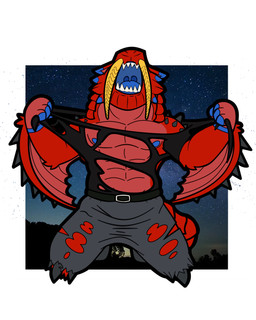 4_fingers anthro areola biceps big_teeth blue_areola blue_body blue_fingers blue_markings blue_mouth blue_nipples blue_pawpads blue_tongue bottomwear claws clothed clothing cute_fangs fangs fingers fur leaning leaning_forward male markings membrane_(anatomy) membranous_wings muscular muscular_anthro muscular_male nipples open_mouth pants pawpads red_body red_fur sabertooth_(anatomy) scales shirt simple_background solo spikes spikes_(anatomy) spines tail teeth tongue topless topless_anthro topwear wings duqueofdingos capcom european_mythology monster_hunter mythology duquedingo_(character) barioth dragon flying_wyvern mammal mythological_creature mythological_scalie scalie western_dragon wyvern absurd_res digital_media_(artwork) hi_res