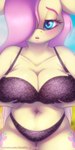 anthro big_breasts blush bra breasts butt clothed clothing cutie_mark feathered_wings feathers female hair holding_breast huge_breasts lingerie looking_at_viewer navel one_eye_obstructed open_mouth pink_hair simple_background solo text thick_thighs underwear wide_hips wings yellow_body shad0w-galaxy friendship_is_magic hasbro my_little_pony mythology patreon fluttershy_(mlp) equid equine horse mammal mythological_creature mythological_equine pegasus pony 1:2 digital_media_(artwork) hi_res url