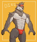 2021 abs accessory anthro barazoku bulge canid canine canis character_name clothing countershading dire_(fortnite) epic_games fortnite hair headband hi_res jrjresq looking_at_viewer male mammal muscular muscular_anthro muscular_male mythological_canine mythological_creature mythology navel nipples pecs pinup portrait pose simple_background smile solo standing thong three-quarter_portrait underwear were werecanid werecanine werewolf wolf yellow_background
