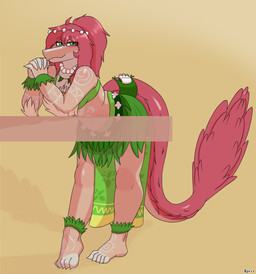 ankleband anthro arm_tattoo biped blush bra bracelet clothing elbow_feathers eyebrow_through_hair eyebrows feathered_tail feathers feet female fingers foot_tattoo front_view grass_skirt green_bra green_clothing green_eyes green_underwear hair hands_together humanoid_feet humanoid_hands jewelry leaning leaning_forward leaning_on_surface long_hair long_tail looking_at_viewer necklace plantigrade pose red_body red_feathers red_hair shoulder_tattoo simple_background smile solo standing tail tan_body tattoo text toes translucent translucent_hair underwear yellow_background hyuvevo cavemanon_studios volcaldera_ashfall ashley_(volcaldera_ashfall) dinosaur dromaeosaurid prehistoric_species reptile saurischian scalie theropod 2026 absurd_res artist_name colored full-length_portrait hi_res portrait shaded