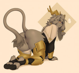 accessory all_fours anklet anthro antlers anus armor armwear band-aid band-aid_on_face band-aid_on_nose bandage bandage_on_face bandage_on_nose black_armwear black_bridal_gauntlets black_clothing black_hooves black_legwear black_thigh_highs blue_eyes blush bottomless bottomless_anthro bottomless_female bracers breath bridal_gauntlets butt claws clothed clothed_anthro clothed_female clothing cloven_hooves eye_through_hair eyebrow_through_hair eyebrows eyelashes eyelashes_through_hair female female_anthro finger_claws fingers fur genitals gold_anklet gold_bracers greaves grey_anus grey_body grey_eyebrows grey_fur grey_hair hair hair_accessory hair_ring hoof_focus hooves horn humanoid_genitalia humanoid_hands humanoid_vulva jewelry leg_armor leg_wraps legwear long_ears long_tail looking_at_viewer looking_back looking_back_at_viewer mouth_closed narrowed_eyes pose presenting presenting_hindquarters pupils raised_tail rear_view simple_background solo stirrup_legwear stirrup_thigh_highs tail thick_eyebrows thick_thighs thigh_highs three-quarter_view topwear translucent translucent_hair underhoof unguligrade vulva white_background white_clothing white_pupils white_sclera white_topwear wraps yellow_armor yellow_horn nextel pseudoregalia sybil_(pseudoregalia) bovid jackalope lagomorph mammal 2025 english_description full-length_portrait hi_res pinup portrait