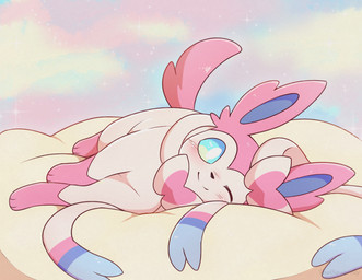 ambiguous_gender black_nose blue_body blue_fur blue_sclera blush feral fur looking_at_viewer lying on_side one_eye_closed pink_body pink_ears pink_fur pink_tail ribbons_(anatomy) smile solo tail white_body white_eyes white_fur thatsquirrelly nintendo pokemon eeveelution generation_6_pokemon pokemon_(species) sylveon 2024