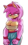 accessory angry anthro big_breasts bottomwear breasts chest_wraps cleavage cleavage_overflow clothed clothing eyeshadow female fist fur green_eyes headband lipstick looking_down makeup mascara midriff muscular muscular_anthro muscular_female navel pale_fur pants pink_body pink_fur simple_background solo vein wraps wristband box_chan sega sonic_the_hedgehog_(series) amy_rose eulipotyphlan hedgehog mammal