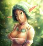 big_breasts breasts choker cleavage clothed clothing detailed_background eyewear female forest goggles green_eyes hair jewelry lens_flare lips necklace nipple_outline not_furry off_shoulder outside plant shirt smile solo teal_hair topwear tree white_clothing white_shirt white_topwear yuqoi jak_and_daxter naughty_dog sony_corporation sony_interactive_entertainment keira_(jak_and_daxter) elf humanoid 2012 half-length_portrait portrait