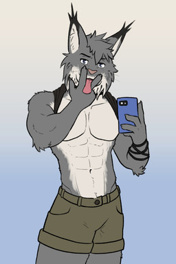 abs anthro athletic backpack bottomwear clothed clothing clothing_lift cunnilingus_gesture gesture hotpants male mirror mirror_selfie muscular muscular_male pecs selfie shirt shirt_lift shorts solo suggestive suggestive_gesture topwear artsywoodpecker echo_(game) echo_(series) echo_project tj_hess canada_lynx felid feline lynx mammal hi_res