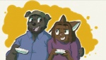 :d anthro beard clothing controller duo facial_hair game_controller happy hat headgear headwear hug male nintendo_controller open_mouth smile teeth tongue whiskers wii_remote kitty-snake game_grumps nintendo wii arin_hanson jon_jafari canid canine canis domestic_cat domestic_dog felid feline felis mammal