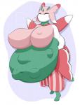 anthro arthropod belly big_belly big_breasts blush breasts deep_navel drpolice eyes_closed female female_pred generation_7_pokemon gstef hi_res insect lurantis navel nintendo non-mammal_breasts overweight pokemon pokemon_(species) pseudo_clothing simple_background vore