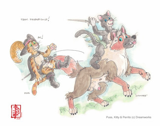 action_pose animal_genitalia animal_penis anthro balls canine_genitalia canine_penis cape chomper_(puss_in_boots) clothing dialogue erection falling female feral floppy_ears genitals grass group hat headgear headwear knot knot_in_sheath knotted_penis lipsticking looking_back male melee_weapon motion_lines on_grass on_ground on_hind_legs paws penis penis_poking_out plant pose sheath sword tail text tongue tongue_out transformation trio weapon fennec_(artist) dreamworks puss_in_boots_(franchise) kitty_softpaws perrito_(puss_in_boots) puss_in_boots_(dreamworks) canid canine canis domestic_cat domestic_dog felid feline felis mammal mixed_breed painting_(artwork) traditional_media_(artwork) watercolor_(artwork)