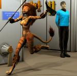 anthro black_hair breasts brown_hair clothed clothing digitigrade duo featureless_breasts female fur hair male nude topless redfern star_trek star_trek_the_animated_series m'ress spock alien alien_humanoid caitian felid humanoid mammal vulcan 3d_(artwork) digital_media_(artwork)