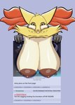 anthro areola big_areola big_breasts black_hands breasts brown_areola brown_nipples eyebrows female fur hair huge_breasts inner_ear_fluff looking_at_viewer nipples nude orange_hair profanity sagging_breasts simple_background smug solo text tuft yellow_body yellow_fur pickleticklr 4chan nintendo pokemon canid canine delphox generation_6_pokemon mammal pokemon_(species) english_text hi_res