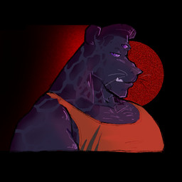 3_eyes anthro male multi_eye purple_body purple_eyes side_view solo standing teeth_showing whiskers tolox asmodai_(asmodai) demon felid humanoid mammal pantherine 1:1