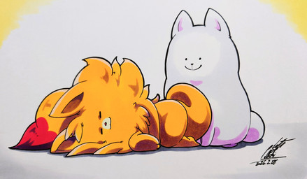 ambiguous_gender duo eyes_closed feral fur lying orange_body orange_fur paws simple_background sitting sleeping tail white_body 025aki nintendo pokemon pokemon_winds_and_waves undertale_(series) annoying_dog_(undertale) canid canine canis domestic_dog generation_10_pokemon mammal pokemon_(species) pombon 2026 absurd_res dated hi_res signature