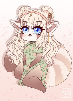 anthro blonde_hair blue_eyes brown_body brown_fur chibi closed_smile clothed clothing dress ear_piercing eyelashes female fur green_clothing green_dress hair long_hair looking_at_viewer markings mouth_closed piercing simple_background smile solo striped_markings striped_tail stripes tail tail_markings white_body white_fur tiggybloom ailurid mammal red_panda 2019 hi_res