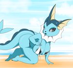 all_fours anthro anthrofied areola areola_slip beach big_breasts bikini black_areola breasts clothing female hanging_breasts lipstick makeup pokemorph seaside solo swimwear tail two-piece_swimsuit wallyroo nintendo pokemon eeveelution generation_1_pokemon pokemon_(species) vaporeon absurd_res hi_res