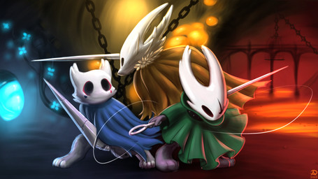 ambiguous_gender anthro biped blue_clothing chain cloak clothing eye_scar facial_scar green_clothing group holding_melee_weapon holding_object holding_weapon hollow_eyes lifeblood melee_weapon nail_(weapon) paws pose quadruped scar thread trio weapon radasus hollow_knight_(franchise) team_cherry fan_character hollow_knight_(character) hornet_(hollow_knight) the_knight_(hollow_knight) arthropod vessel_(species) 16:9 2026 4k absurd_res hi_res widescreen half_sister_(lore) sibling_(lore) sister_(lore)