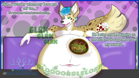 anthro blue_hair digestion digestion_implied digestion_noises duo food fur hair internal internal_oral macro male male/male messy micro musclegut muscular muscular_male overweight overweight_anthro pizza size_difference slime stuffing tan_hair vore weight_gain yellow_body yellow_fur atelierphos phos selvy yarill canid canine mammal 16:9 digital_media_(artwork) hi_res krita_(artwork) widescreen