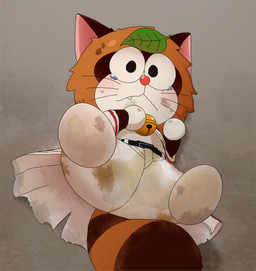 anthro baseball_uniform biped blush bodily_fluids bottomwear brown_body chibi clothing cute_fangs fangs kemono leaf pants shirt solo sportswear tears teeth topwear uniform szk_0156 dorabase doraemon pokoemon_(character) canid canine mammal raccoon_dog tanuki 2023 absurd_res hi_res