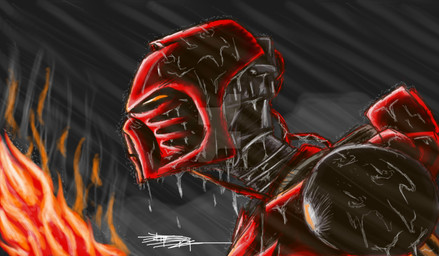 ambiguous_gender fire machine mask night not_furry orange_eyes outside raining solo water b-d-l bionicle lego tahu robot toa distracting_watermark hi_res source_request unavailable_at_source watermark