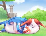 blush duo eyes_closed grass outside plant sleeping smile tree ecru_(artist) nintendo pokemon generation_3_pokemon latias latios legendary_pokemon pokemon_(species)