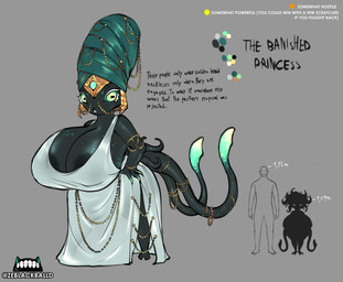 areola biped black_body breasts clothed clothing female hand_on_hip headgear headwear jewelry looking_at_viewer religious_clothing religious_headwear short_stack solo text thick_thighs three-quarter_view turban ze_blackball.d the_banished_princess_(ze_blackball.d) humanoid absurd_res hi_res