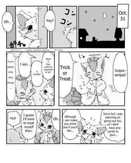 blush door female feral holidays kemono knocking male multi_tail simple_background smile tail text wahitouppe halloween nintendo pokemon canid canine fennekin generation_1_pokemon generation_6_pokemon mammal pokemon_(species) vulpix comic english_text greyscale hi_res monochrome translated