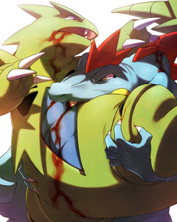 ambiguous_gender anthro attack bite blood blue_body blue_skin bodily_fluids claws close-up crying duo fight glistening green_body green_skin looking_down narrowed_eyes open_mouth raised_arm raised_leg red_eyes sad scratch shadow sharp_teeth simple_background spread_legs spreading squint tears teeth violence white_background wounded yellow_eyes glass_wine_(artist) nintendo pokemon crocodilian feraligatr generation_2_pokemon pokemon_(species) reptile scalie tyranitar 4:5 digital_media_(artwork) hi_res
