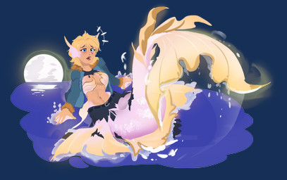 blonde_hair blue_eyes blush bottomwear breasts cleavage clothed clothing ear_fins emanata female fin full_moon glistening glistening_body glistening_scales glistening_tail hair jacket membrane_(anatomy) mermaid_tail mid_transformation moon navel night open_clothing open_jacket open_mouth open_topwear outside pants partially_clothed pink_body pink_scales pink_tail scales shirt simple_background solo split_form tail topwear torn_bottomwear torn_clothing torn_pants torn_shirt torn_topwear transformation transparent_background water webbed_hands roxlyde aquatic human mammal merfolk 2026 absurd_res alpha_channel hi_res