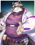 anthro belly belt brown_body brown_fur clothing coat eyebrows eyewear fur goggles grin lab_coat male moobs navel overweight overweight_male purple_clothing scientist smile solo thick_eyebrows tool_belt topwear daiwahouse0105 lifewonders live_a_hero viscunam mammal procyonid raccoon hi_res