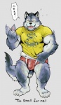 4_toes 5_fingers anthro briefs bulge claws clothed clothing dialogue feet fingers kemono looking_at_viewer male muscular muscular_anthro muscular_male open_mouth red_clothing red_underwear shirt simple_background solo speech_bubble standing t-shirt text toes topwear underwear nekomarudon tanukimaru canid canine canis mammal wolf 2017 english_text japanese_text