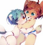 anthro blue_eyes blush briefs chest_tuft clothed clothing duo eye_contact hug kemono looking_at_another male male/male open_mouth red_eyes tighty_whities topless tuft underwear white_briefs white_clothing white_underwear young young_anthro aoino spica_(aoino) canid canine canis domestic_dog mammal absurd_res hi_res