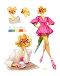 anthro blonde_hair brown_eyes clothing container cup dress eyebrows eyelashes eyes_closed feathers female footwear furniture hair looking_at_viewer sandals shoes solo table tail tail_feathers xanthochromism y2k_(fashion) holivi avian bird lovebird parrot rosy-faced_lovebird true_parrot hi_res model_sheet