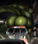 anthro big_breasts big_butt breasts butt butt_focus featureless_breasts female green_body green_skin group huge_butt looking_at_viewer macro male nude shocked sitting sitting_on_vehicle size_difference yellow_eyes dragia3743 human lizard mammal reptile scalie absurd_res hi_res