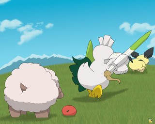 ambiguous_feral ambiguous_gender apple butt chasing feathers feral food fruit fur group holding_object holding_weapon logo meadow melee_weapon plant shield trio weapon white_body white_feathers yellow_body yellow_fur pichu90 aardman_animations nintendo pokemon pokemon_tales:_the_misadventures_of_sirfetch'd_and_pichu generation_2_pokemon generation_8_pokemon pichu pokemon_(species) sirfetch'd wooloo 2025 5:4 absurd_res artist_logo hi_res